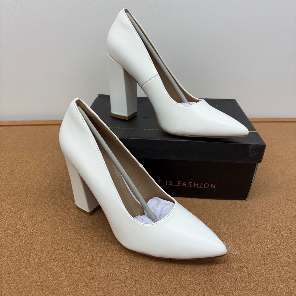 IDIFU IN4 White 7 Pointed Toe Block Heel Pumps Women's Classic Dress Shoes